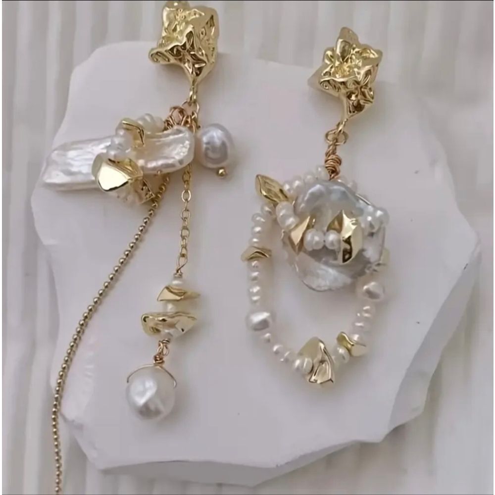 18K Gold Plated Freshwter Pearl Mismatch Drop Earrings 